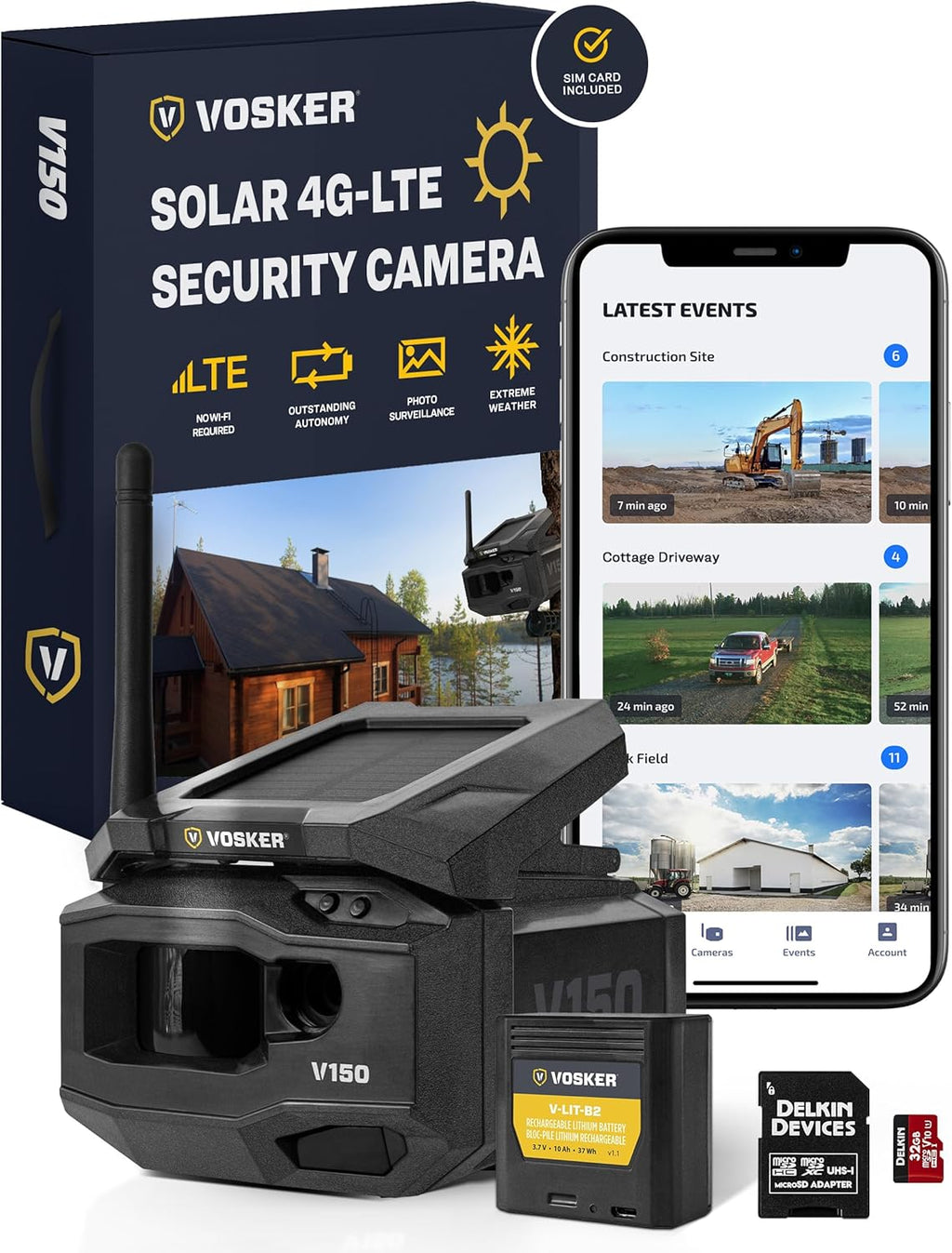 Vosker V150 Solar-Powered LTE Cellular Home Security Outdoor Camera | Motion Activated Sensor Nightvision Wireless Camera | Receive Photos on Your Mobile App (V150-US-MSD32GB)