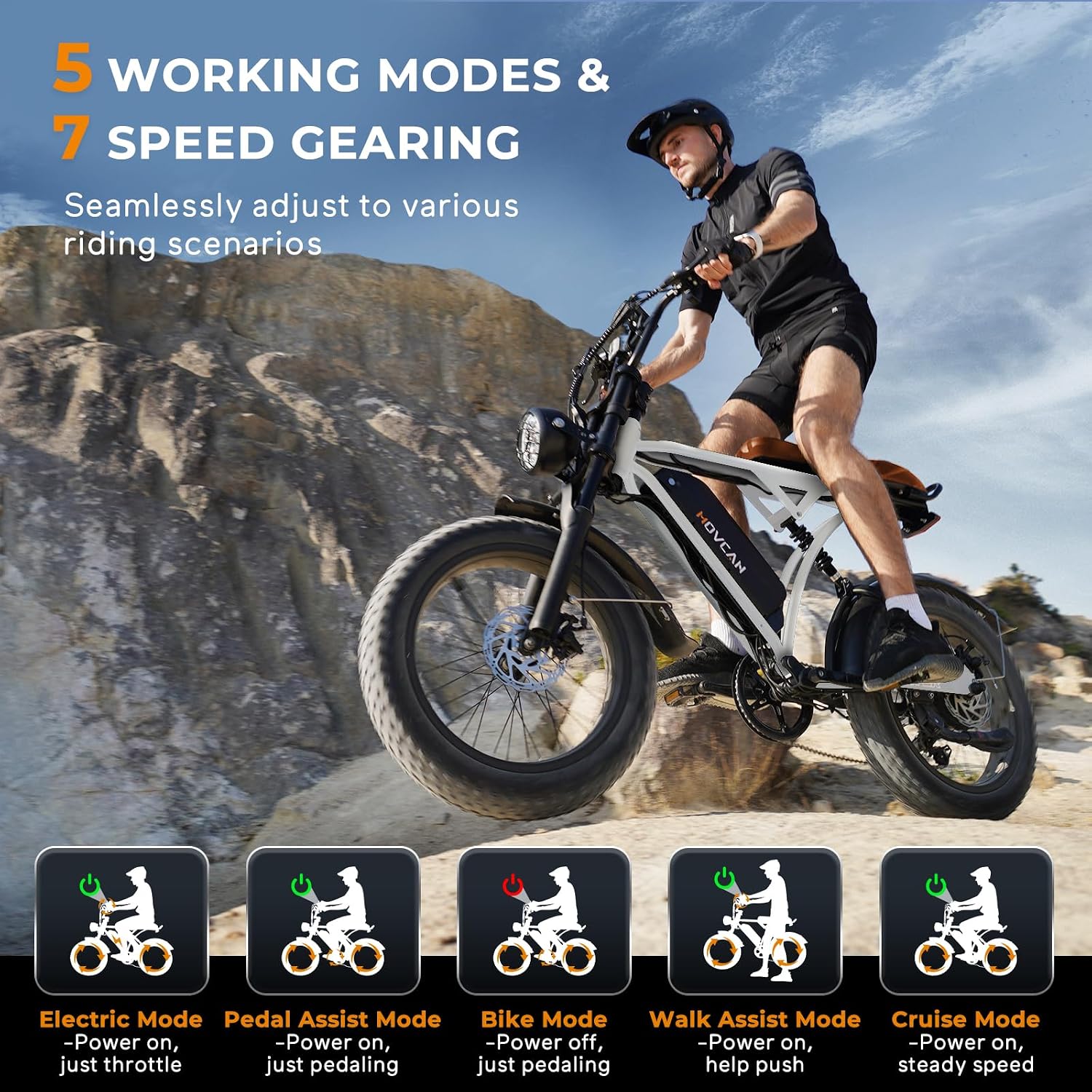 Movcan V60 Series Electric Bike for Adults,1000W/1500W, 30/33MPH,48V 15.6/18.2 Battery,Up to 80Mile Dual Hydraulic Brake,20' Fat Tire,7-Speed Motorcycle Ebike for Commuting/Off-Roading