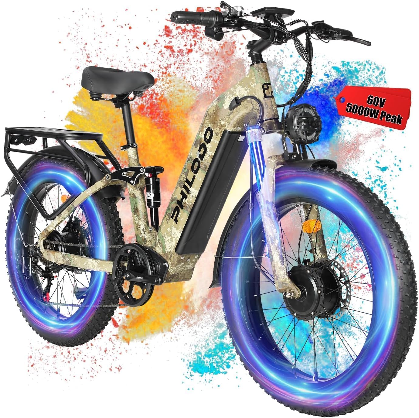 Falcon 60V 32AH Off-Road Electric Bike - 5000W Dual Motor Hunting Ebike, Fat Tire Full Suspension Dirt Bike for Adults, Long Range Snow/Sand Electric Bicycle