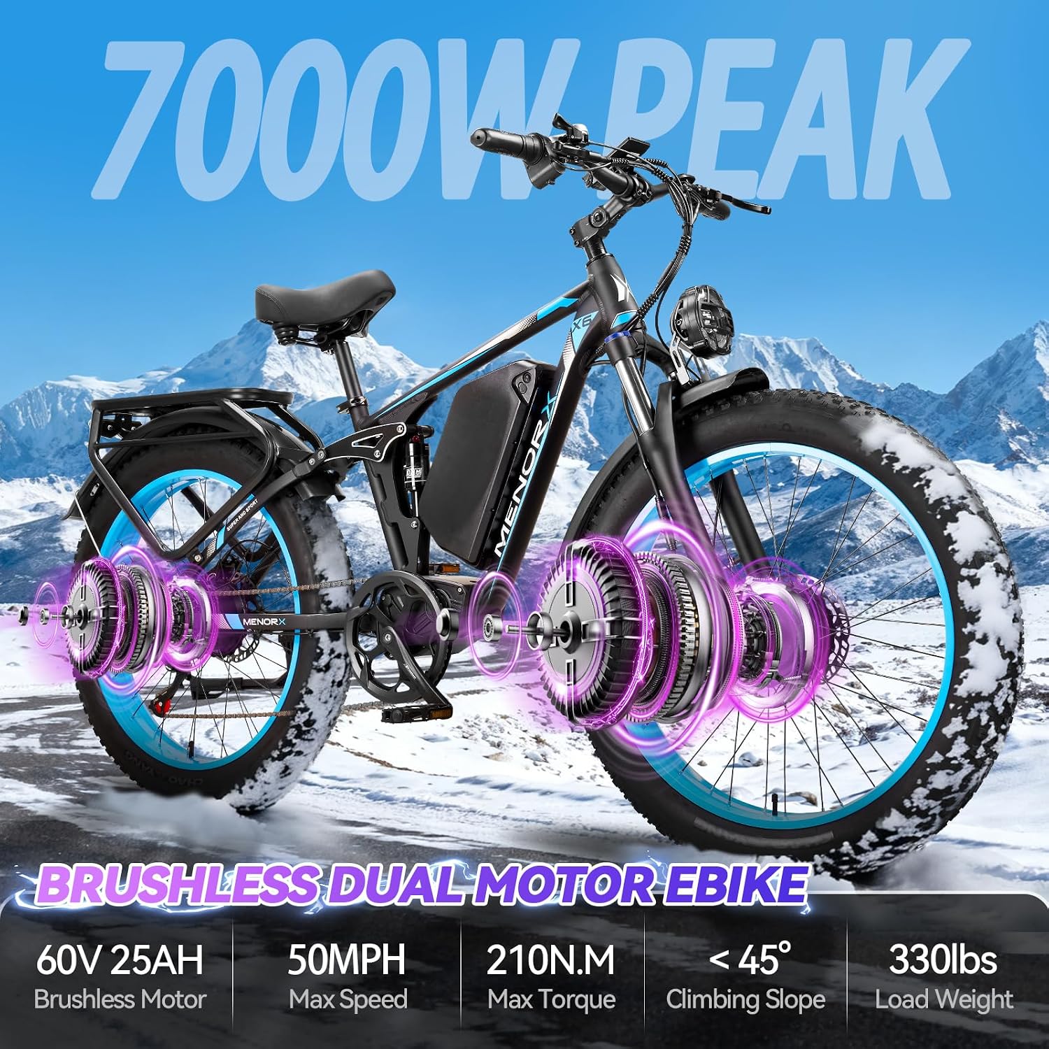 MENORX Dual Motor Electric Bike,26'x4'Fat Tire Electric Bike,Up to 5000W/7000W Peak, 60V/25Ah & 52V/23Ah Lithium Battery,Up to 45/50MPH &105 Miles Range E Bike