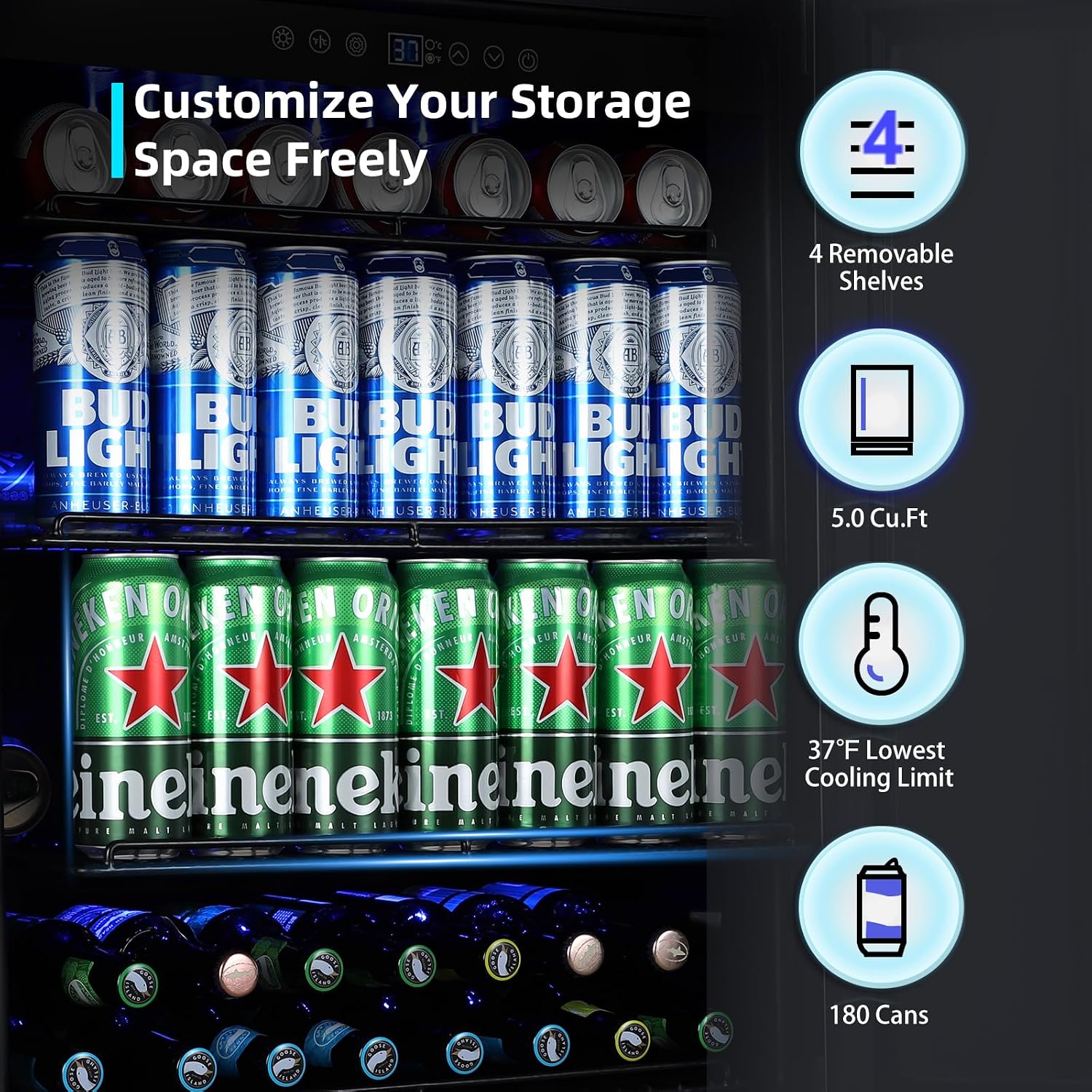 24 Inch Beverage Refrigerator, 180 Cans Built-in Beverage Cooler with Glass Door, Under Counter or Freestanding Drink Fridge with LED Light & Adjustable Shelves For Home Bar Office - Silver