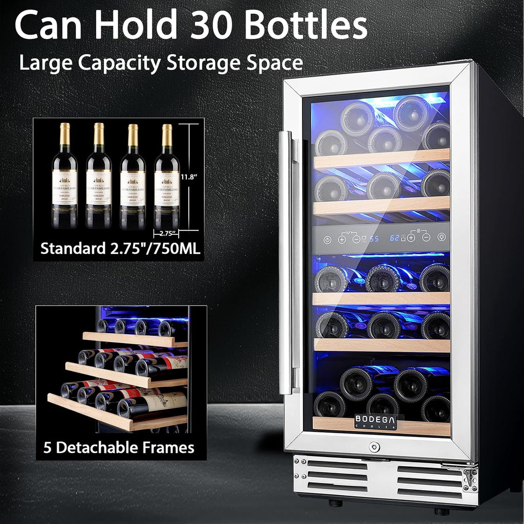 BODEGA 15' Wine Cooler, 30 Bottle Dual Zone Wine Fridge With Double-Layer Glass Door, Freestanding or Built-In Wine Fridge with Blue LED Light & Stainless Steel Handle, for Home, Kitchen,Bar, Black.