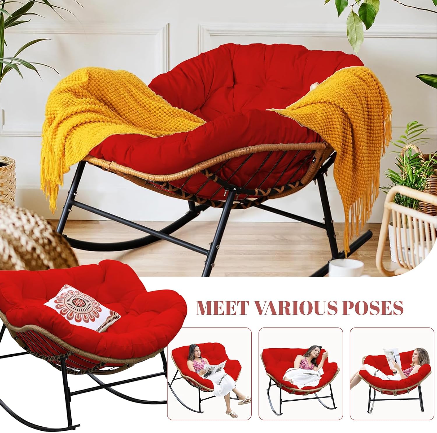 Thickened Waterproof Papasan Rocking Chair Cushion, 6.3'' Patio Egg Chair Pad with Ties, Outdoor/Indoor Rattan Hammock Cushions for Porch, Garden, Balcony(Only Cushion no Chair) (Red)