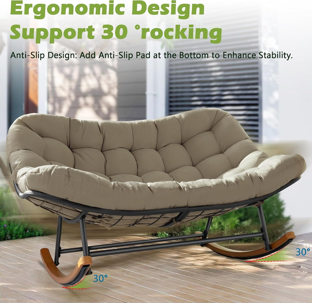 Double Papasan Rocking Chair Outdoor & Indoor, 660LBS Capacity Oversized Patio Rocking Chair for 2-Person with Thick Cushion and Frame,Egg Rocking Chair for Garden, Deck, Living Room,Brown