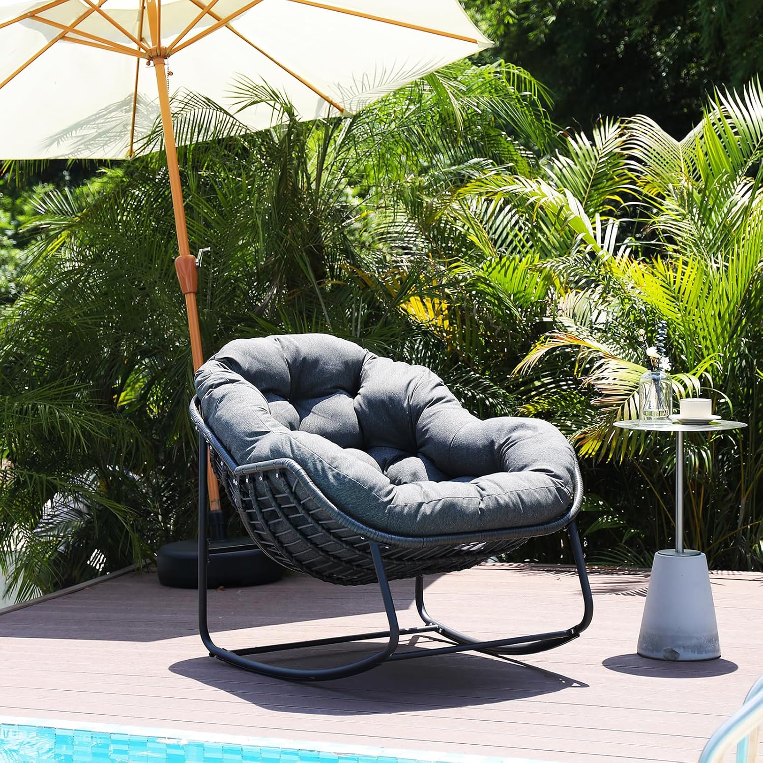 Indoor & Outdoor Rocking Chair, Oversized Rattan Royal Rocking Chair with Padded Cushion, Rocker Egg Chair for Living Room, Patio, Front Porch, Backyard,Dark Grey