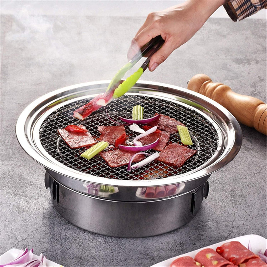 Grill for Outdoor Round Stainless Steel Korean Charcoal Barbecue Grill Non-Stick Barbecue Grills Portable Charcoal Grill for Outdoor Camping BBQ Barbecue Grill (Color : with net Furnace)