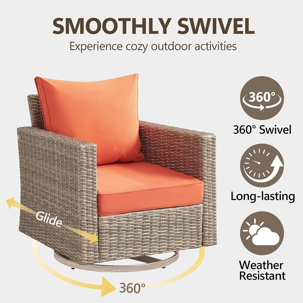 Swivel Rocking Chairs with Comfortable Cushion, PE Wicker Rattan Swivel Chairs, Set of 2 with Cushions for Poolside, Garden, Backyard, Orange