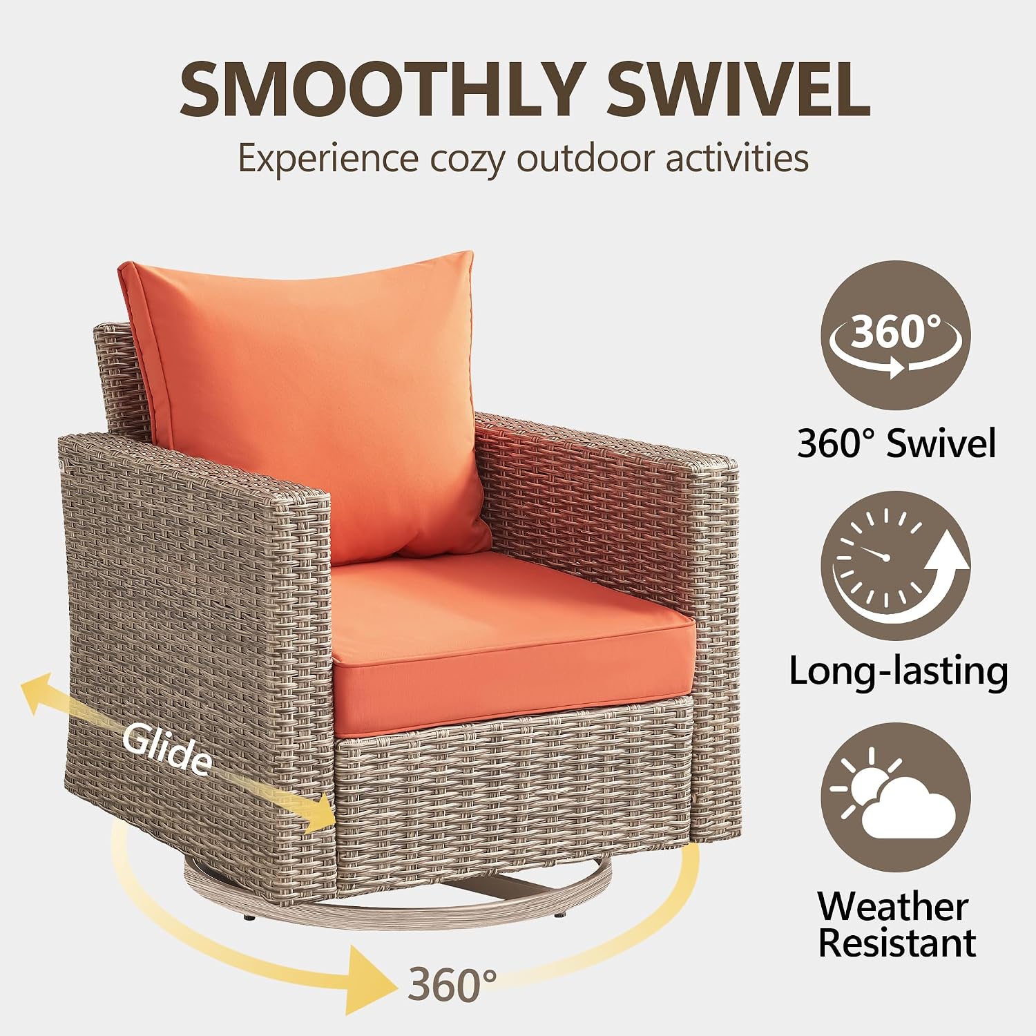 Swivel Rocking Chairs with Comfortable Cushion, PE Wicker Rattan Swivel Chairs, Set of 2 with Cushions for Poolside, Garden, Backyard, Orange