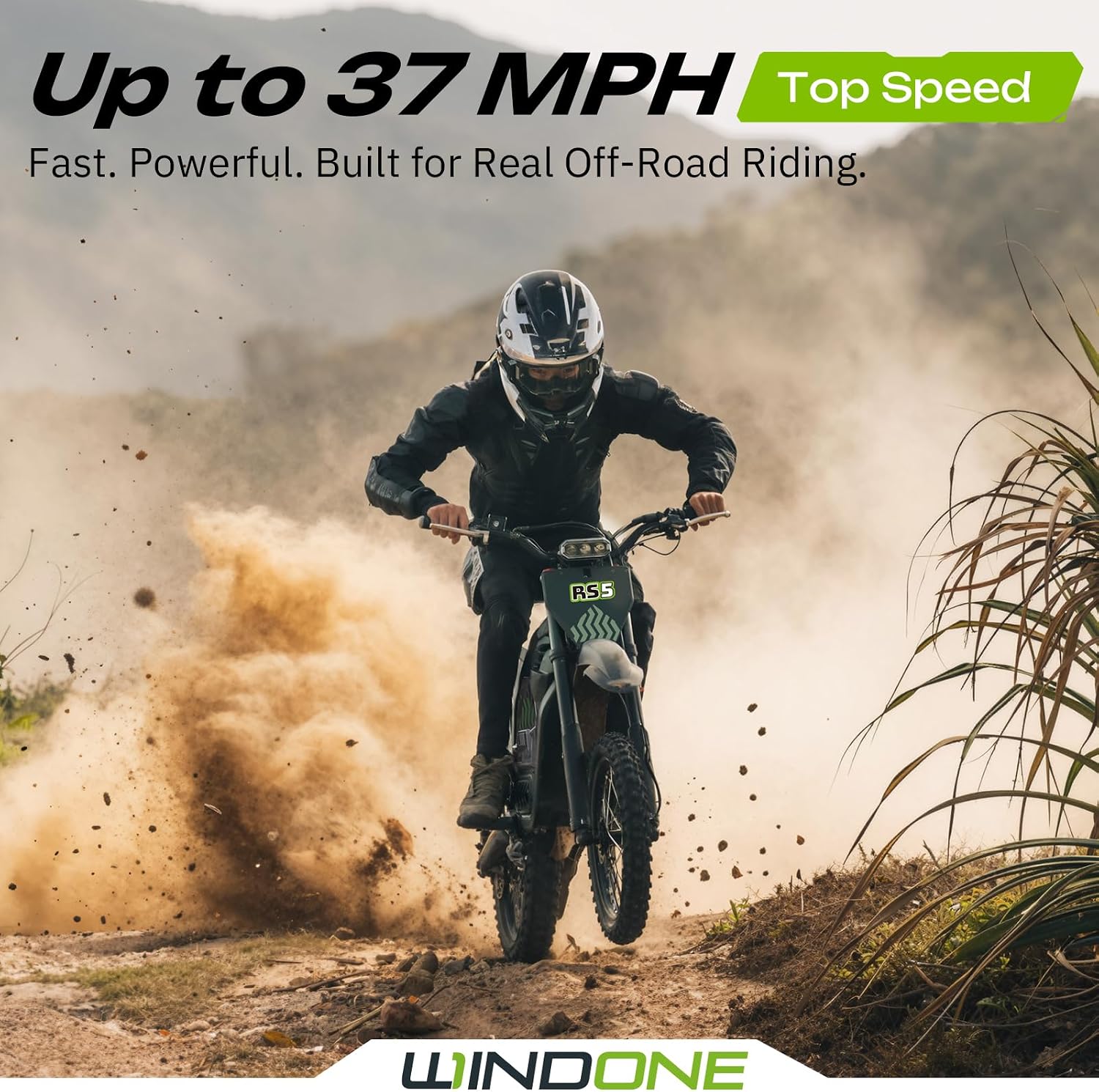 Windone RS5 Electric Dirt Bike for Teens & Adults (13+), Up to 37 MPH, 45 Miles Range, 2200W Peak Motor, 14'/12' Off-Road Tires, Hydraulic Suspension, 3-Speed Modes Electric Motorcycle