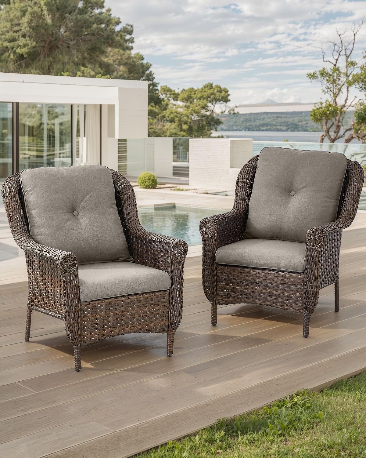 Patio Wicker Chairs Outdoor Furniture Chair - Set of 2 Outside All Weather Lawn Dining Brown Rattan Armchair with High Back&Deep Seating for Deck Porch Balcony Backyard Garden - Grey