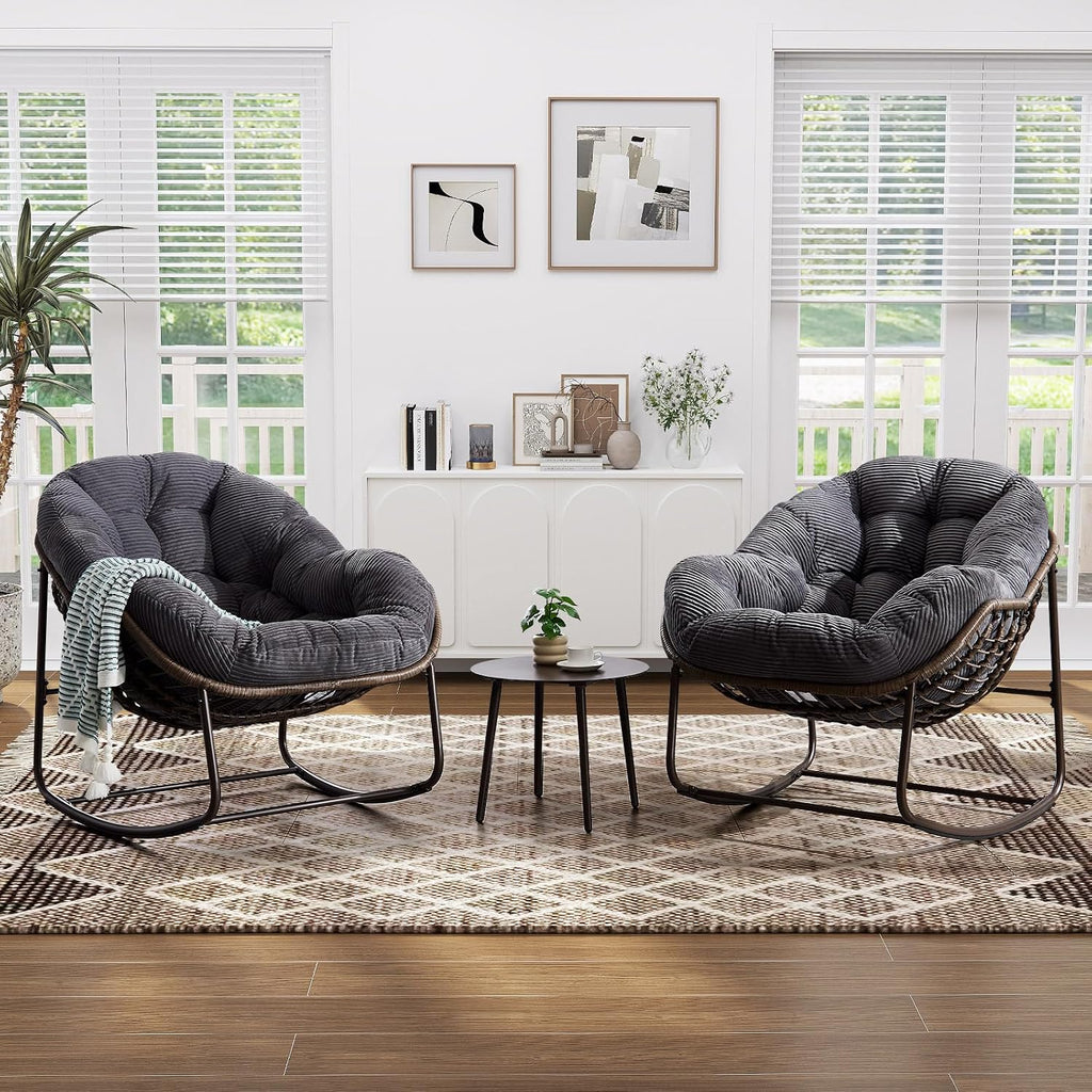 Oversized Indoor Rocking Chair Set of 2, Comfy Corduroy Rocking Papasan Chair with Thick Cushion and Frame, Large Wicker Rocker Egg Chair Reading Chair for Living Room,Bedroom,Lounge, Dark Grey