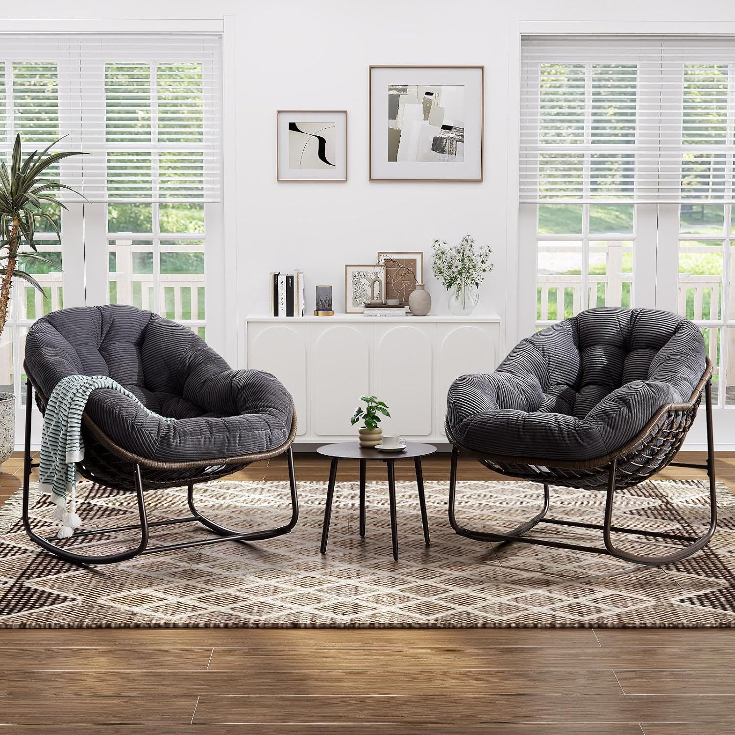 Oversized Indoor Rocking Chair Set of 2, Comfy Corduroy Rocking Papasan Chair with Thick Cushion and Frame, Large Wicker Rocker Egg Chair Reading Chair for Living Room,Bedroom,Lounge, Dark Grey