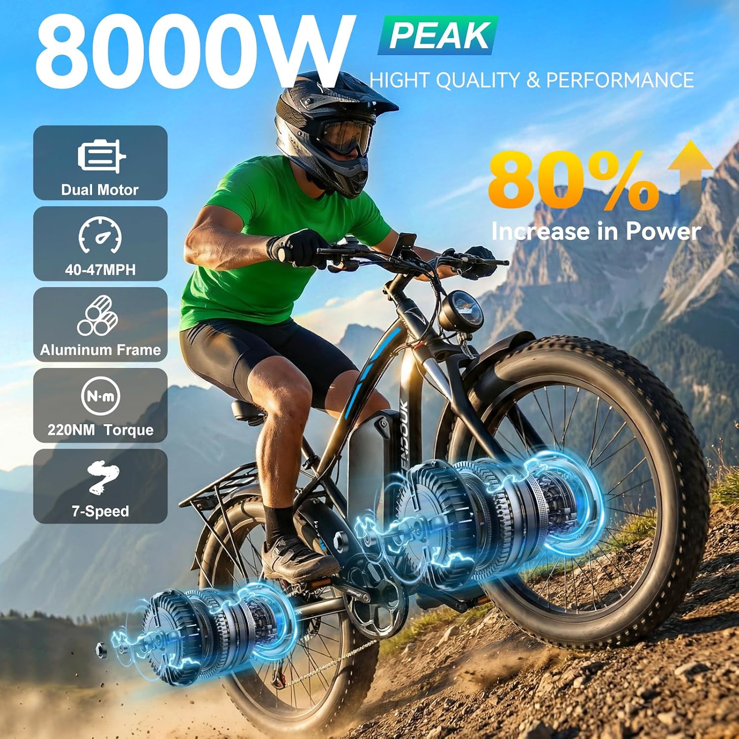 Upgraded Peak 8000W Ebike for Adults Dual Motor Electric Bike - 220NM 47MPH 24' Fat Tire Bike with 58V Max-Output 36AH Certified Battery LCD Display Electric Bike -Blue