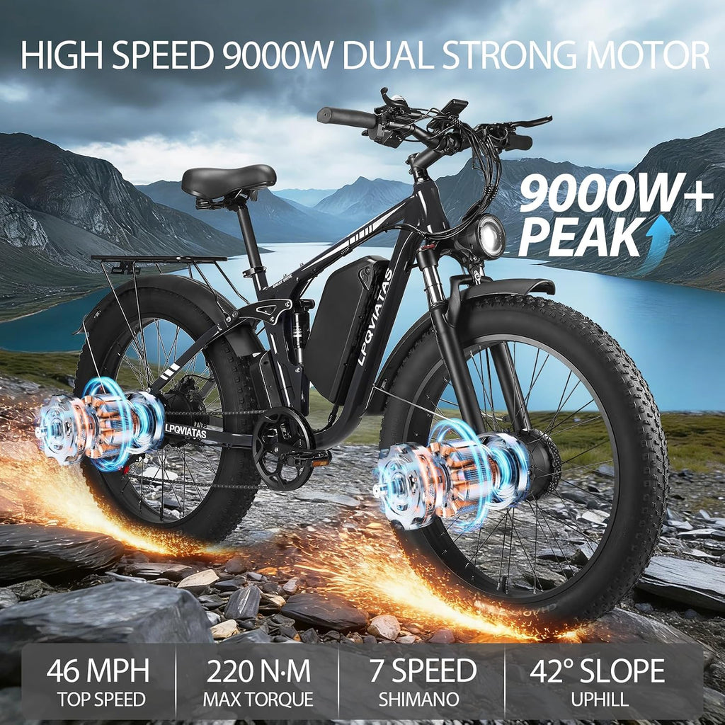 Peak-9000W-Dual-Motor-Ebike Adults Men, 52V 34Ah 1768Wh Battery,24' x 4.0' Fat-Tire- Electric-Mountain-Bicycle 47MPH Full-Lockable-Suspension-Ebike 105 Miles Range Hydraulic Disc Brake