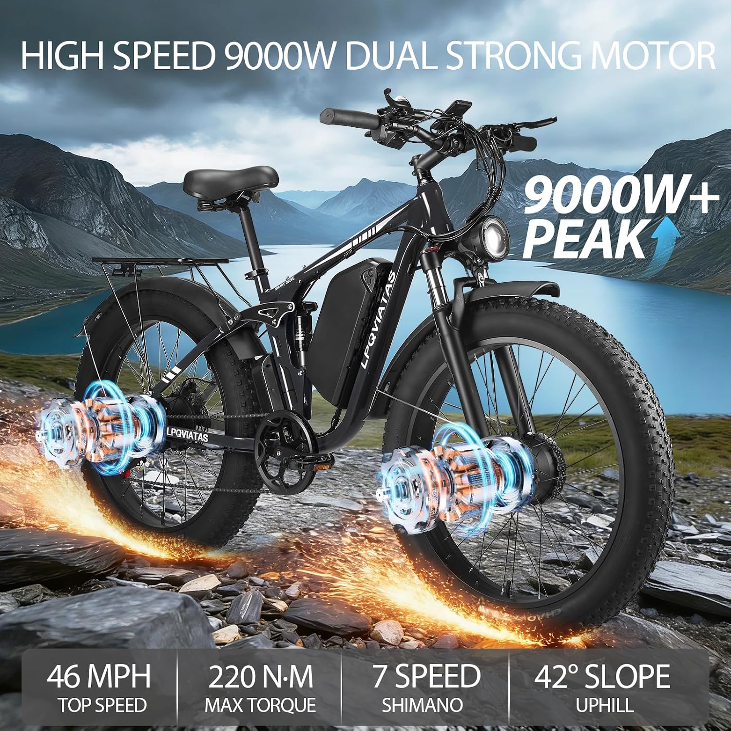 Peak-9000W-Dual-Motor-Ebike Adults Men, 52V 34Ah 1768Wh Battery,24' x 4.0' Fat-Tire- Electric-Mountain-Bicycle 47MPH Full-Lockable-Suspension-Ebike 105 Miles Range Hydraulic Disc Brake