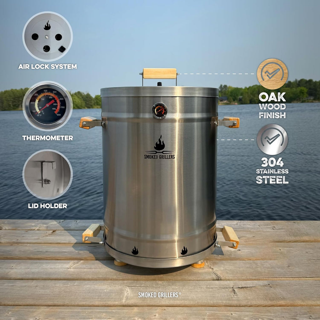 Barrel Smoker Grill Combo | 100% 304 Stainless Steel Barrel | 95% Less Smoke, Even Heat | Easy to Use & Clean – Vertical Smoker Ideal for Balconies and Backyards (LARGE-35 LBS)