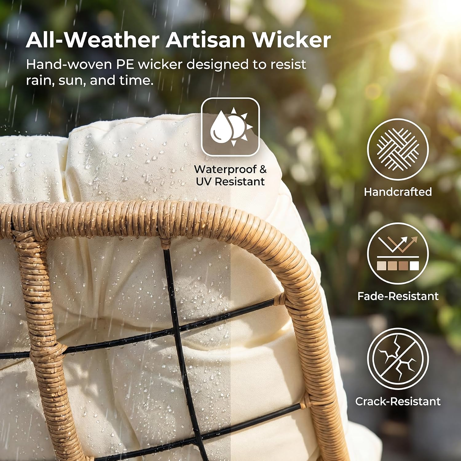 NICESOUL Oversized Double Rocking Papasan Chair with Thick Cushion, 2 Person Big Wicker Outdoor Comfy Recliner, Extra Large Heavy Duty Egg Loveseat for Patio, Balcony, Backyard, Garden, Beige