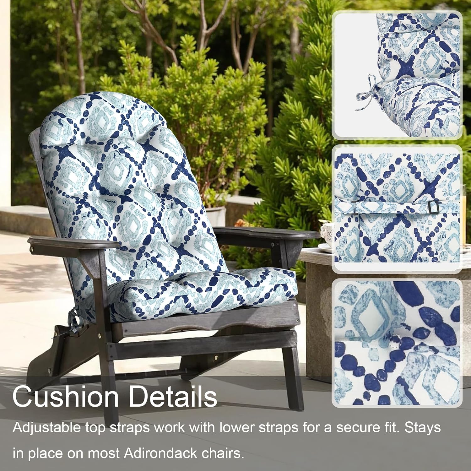 LVTXIII Outdoor Adirondack Chair Cushions, 44x19x4 Inch Non-Slip High Back Rocking Chair Cushion, Tufted Seat Cushion for Patio Furniture, Set of 2, Boho Geometry Blue