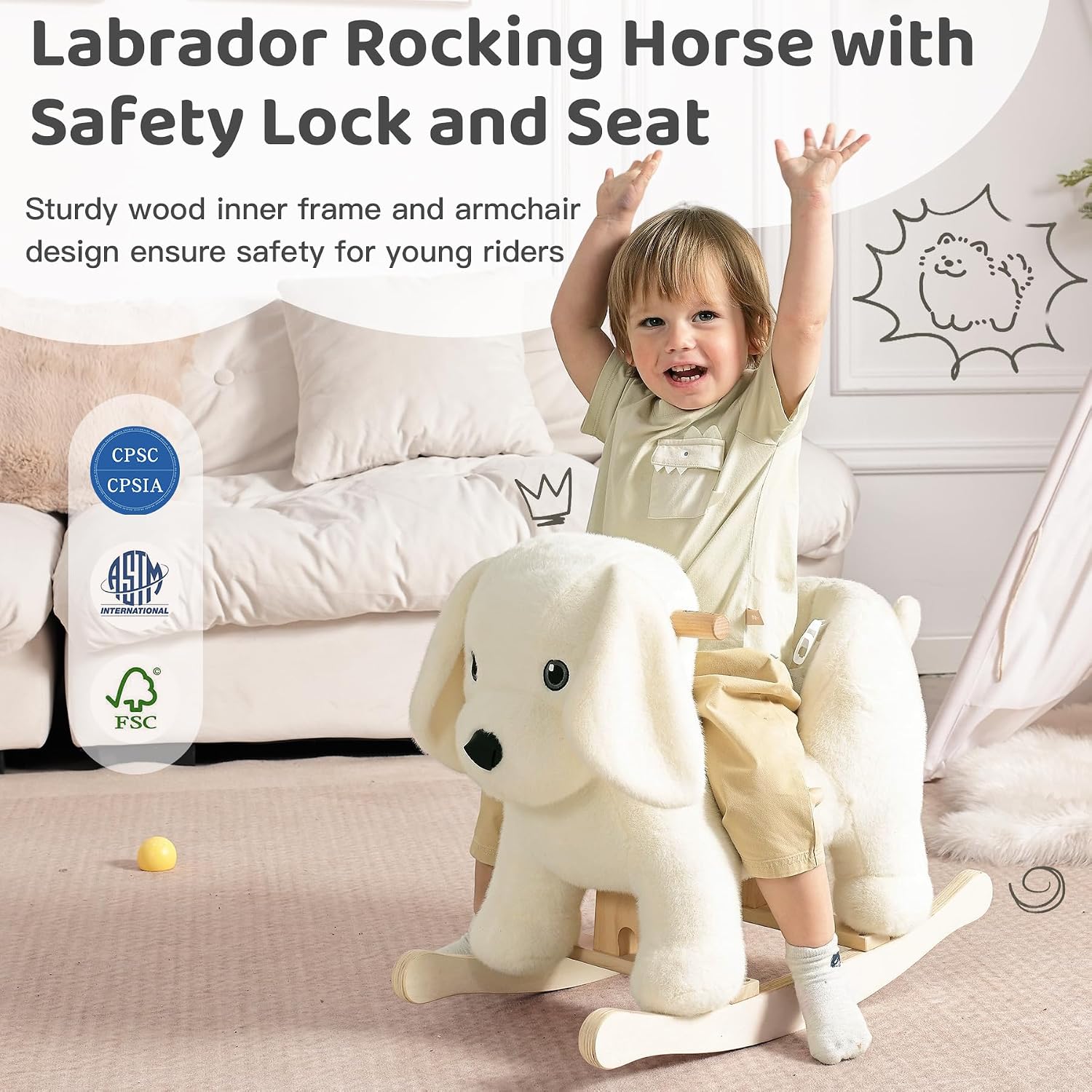 Baby Rocking Horse,Labrador Wooden Rocking Horse for Toddlers 1 Year Old Cute Dog Stuffed Plush Ride-on Toy Rocking Animal for Baby Boys and Girls Nursery/Child Christmas or Birthday Gift