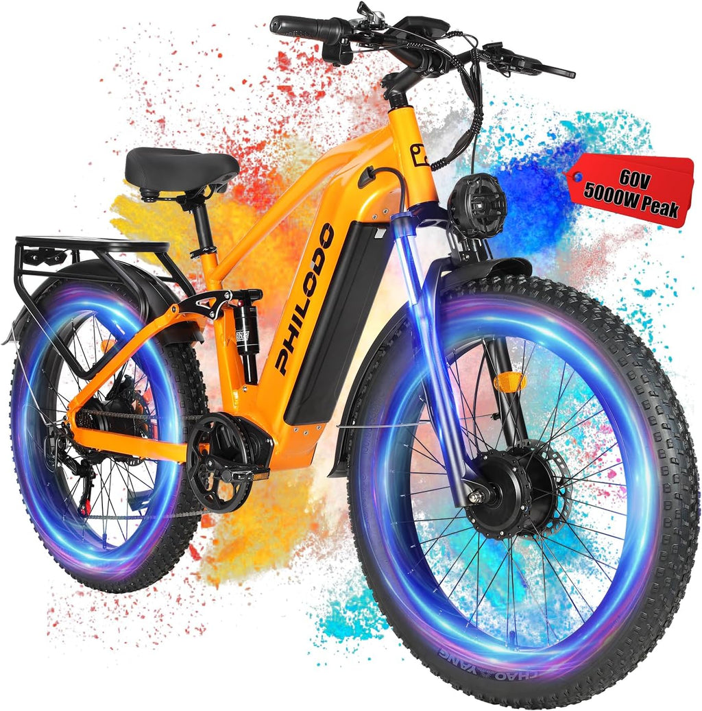 Electric-Bike for Adults, Dual-Motor-Ebike Hunting-Ebike 5000W, 60V 32AH Long Range Dirtbike, Fat-Tire-Electric-Bicycle, Full Suspension for Off-Road Snow Sand