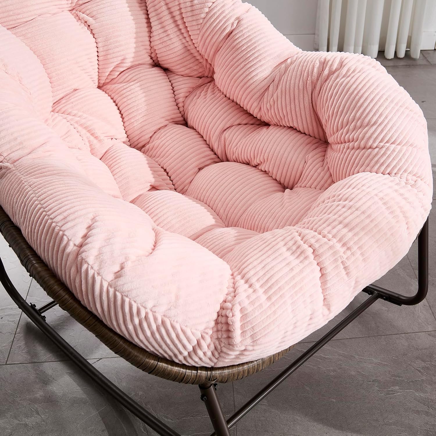 Rattan Rocking Chair for Indoor Outdoor Patio Oversized Wicker Egg Chair with Steel Frame Corduroy Padded Cushion Rocker Recliner Chair Comfy Lounger Papasan Chair for Living Room Porch Garden, Pink