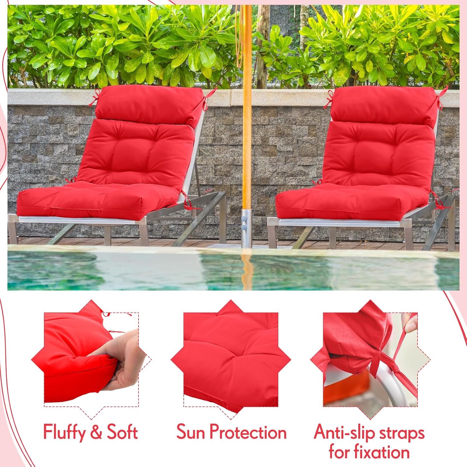 Barydat 4 Pack High Back Chair Cushion Indoor Outdoor Tufted Seat and Back Chair Rocking Pads Lounge Porch Seat Cushion with Ties for Patio Furniture, 43.4 x 21 x 3.3 Inch (Red)