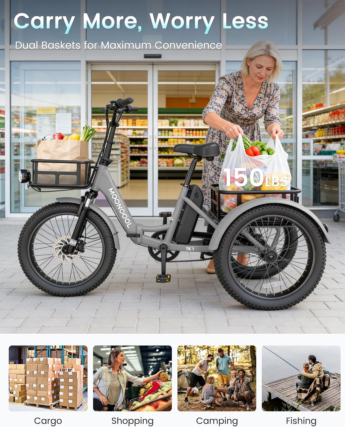 MOONCOOL Electric Trike for Adults, 500W/750W 48V Electric Tricycle for Adults, 20'x3.0' Fat Tire 3 Wheel Electric Bike, Folding Aluminum Adult Tricycle with Removable Battery