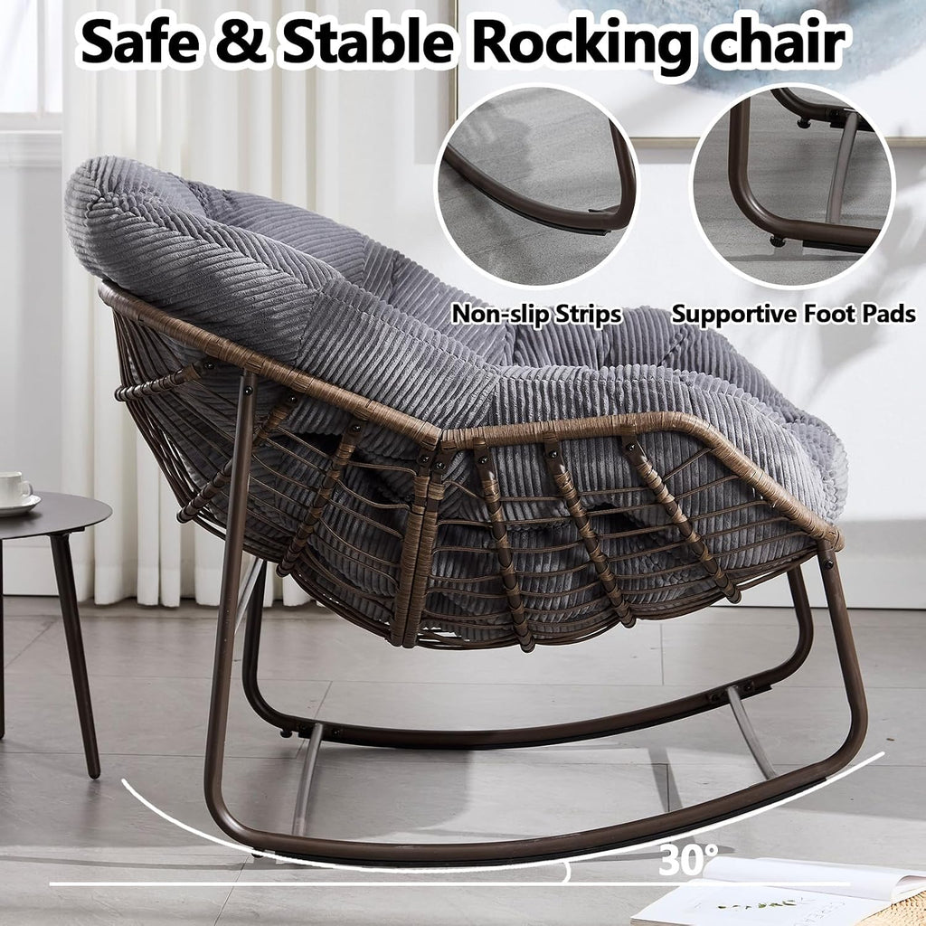 37' Papasan Rocking Chair with Cushion and Steel Frame, Oversized Outdoor Egg Rocking Chair, Rattan Circle Chairs for Grand Patio and Garden (Grey+Corduroy)