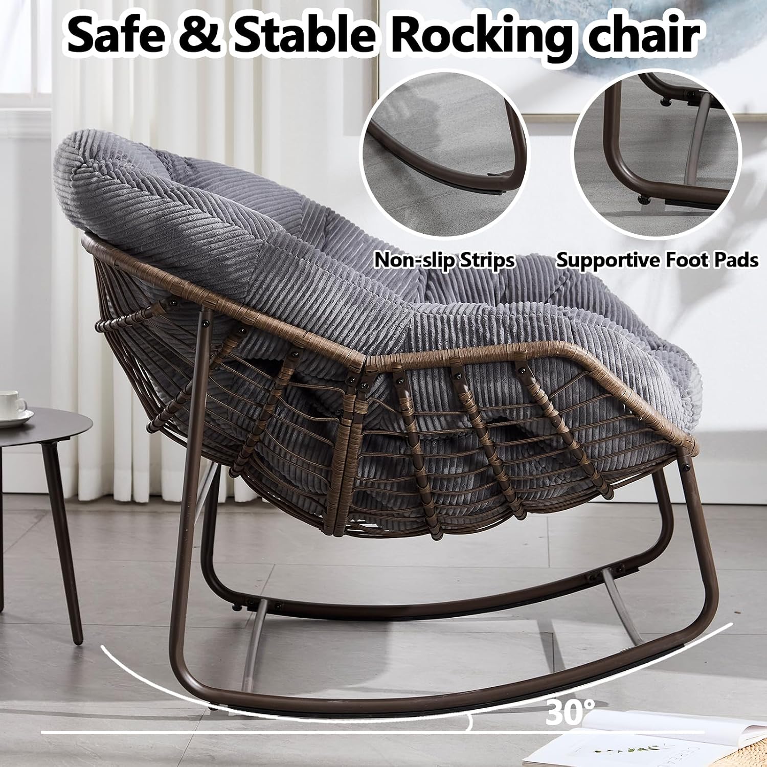 37' Papasan Rocking Chair with Cushion and Steel Frame, Oversized Outdoor Egg Rocking Chair, Rattan Circle Chairs for Grand Patio and Garden (Grey+Corduroy)