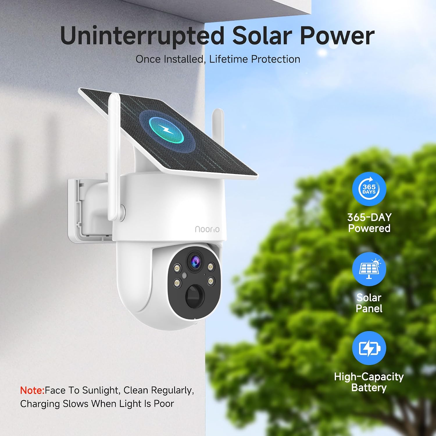 Noorio 2K Solar Security Camera Wireless Outdoor, 360° Pan/Tilt Camera with Dual-Band WiFi 2.4/5G, Fixed Solar Panel, AI Human Detection, Color Night Vision, 4MP, IP65 Weatherproof, 2-Way Audio 2 Pack