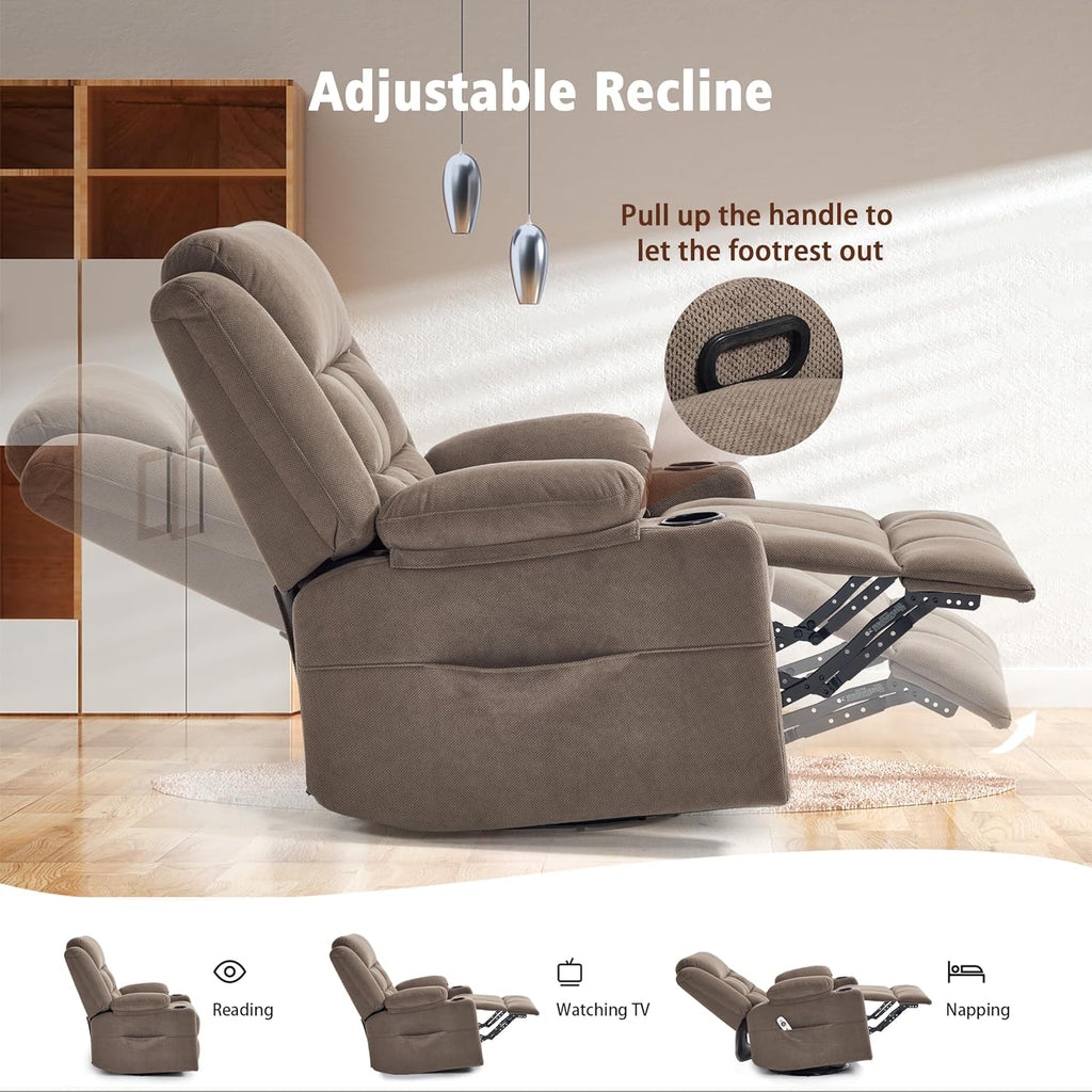 Ketaiyou Swivel Rocker Recliner Chair for Adults with Massage and Heat, Cup Holders and Side Pockets, Glider Rocking Reclining Single Sofa Chair for Living Room (Coffee)