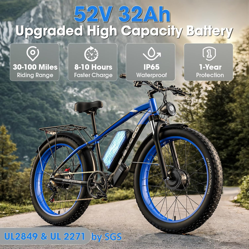 6000W Peak Dual Motor Electric Bike for Adults, 24' Fat Tire Ebikes 52V 32AH, Fast 45 MPH, 100 Miles Long Range, Hydraulic Brake, Pedal Assist Electric Bicycle for Off-Road Mountain Snow Commuter