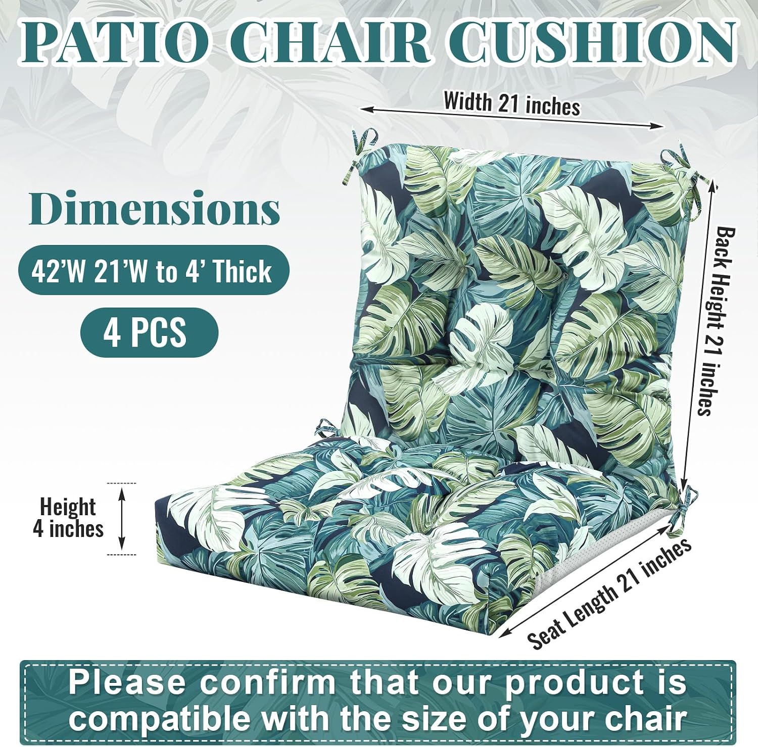 Marsui 4 Pcs Outdoor Indoor High Back Chair Cushions Patio Furniture Tufted Pillow with Ties Water-Resistant Replacement Outdoor Rocking Chair Cushions, 42 x 21 Inches (Green,Leaves)