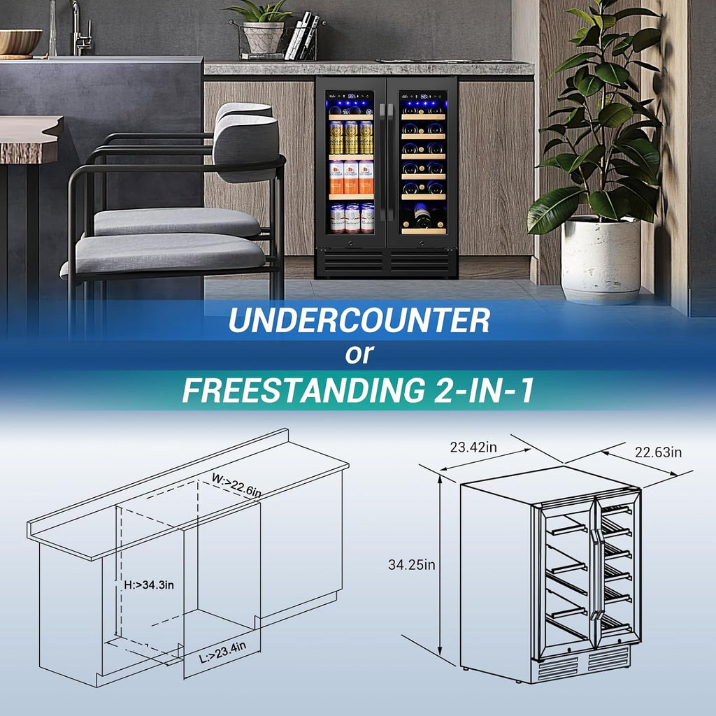 Wine and Beverage Refrigerator Black, 24 Inch Beverage Cooler Under Counter Dual Zone with Glass Door&Lock, 18 Bottles and 68 Cans Large Capacity for Beer Soda Drink, Built-In or Freestanding Fridge