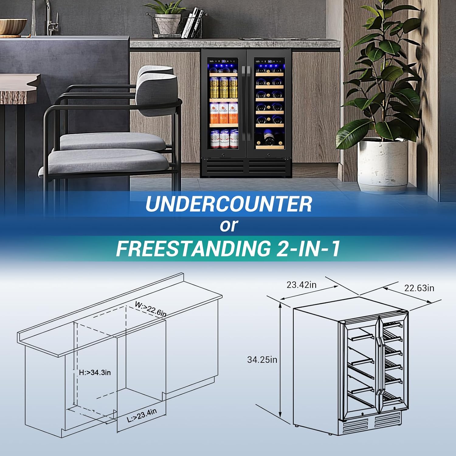 Wine and Beverage Refrigerator Black, 24 Inch Beverage Cooler Under Counter Dual Zone with Glass Door&Lock, 18 Bottles and 68 Cans Large Capacity for Beer Soda Drink, Built-In or Freestanding Fridge