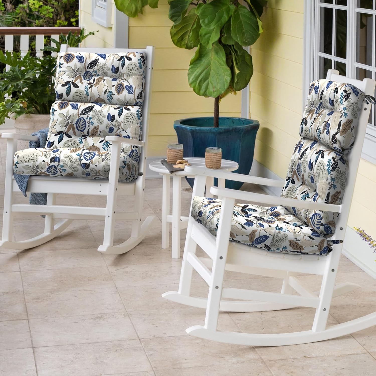 Outdoor High Back Chair Cushions Set of 2, Waterproof Chair Cushions for Patio Home Garden, Replacement Rocking Chair Cushion with tie 22' W x 20' D, Breeze Leaves Beige