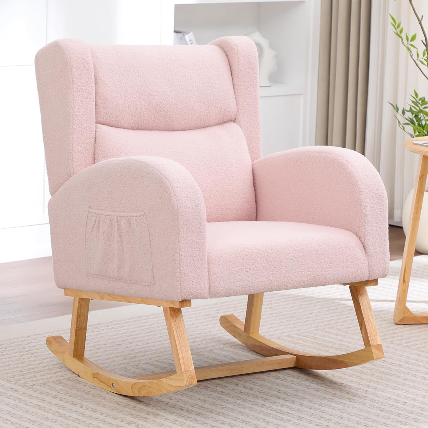 HCHAIRH Nursery Rocking Chair,Wingback Nursery Rocking Chairs,Nursing Glider Rocker Chair with High Back for Living Room Bedroom(Teddy Pink)