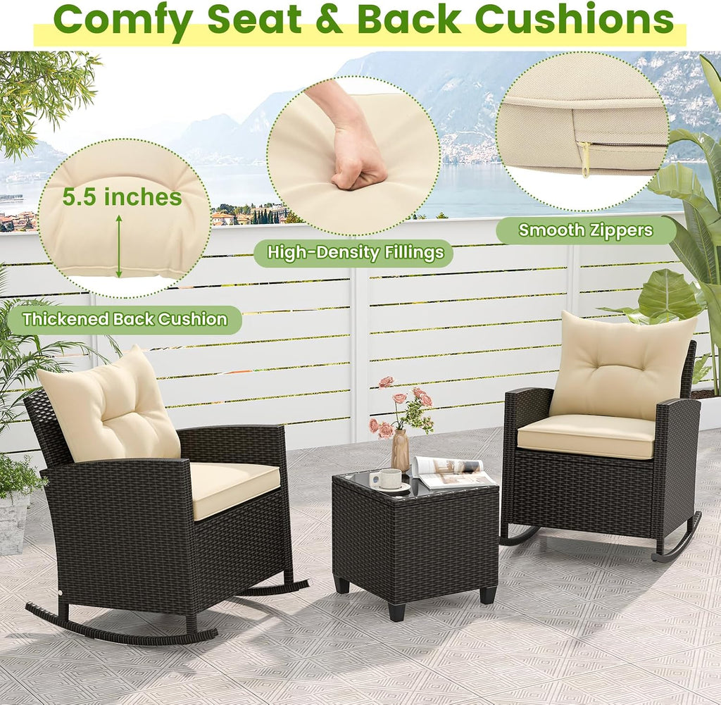KOTEK 3 Piece Patio Furniture Rocking Bistro Set, Wicker Outdoor Rocking Chairs & Glass Table, PE Rattan Conversation Set for Porch, Balcony, Deck, Poolside (Mix Brown- Beige)