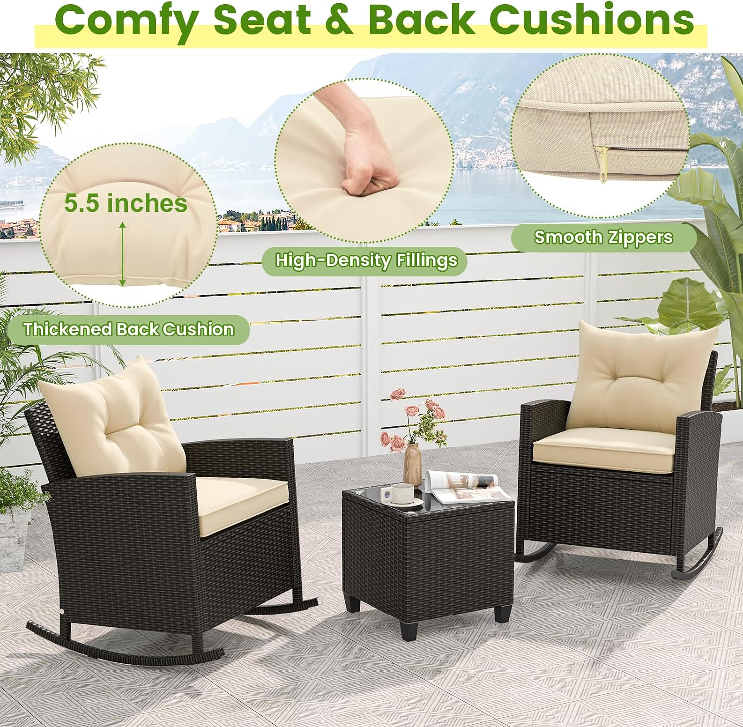 KOTEK 3 Piece Patio Furniture Rocking Bistro Set, Wicker Outdoor Rocking Chairs & Glass Table, PE Rattan Conversation Set for Porch, Balcony, Deck, Poolside (Mix Brown- Beige)