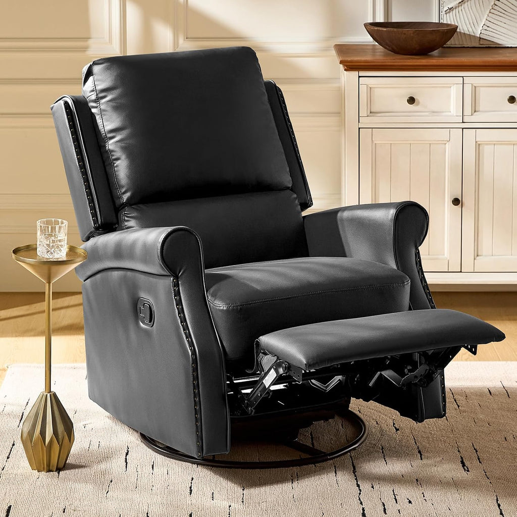 HULALA HOME Faux Leather Swivel Rocker Recliner with Adjustable Backrest and Footrest, Push Back Recliner Chair with Nailhead Trim, 360° Swivel Glider Rocking Chair for Living Room Bedroom, Black