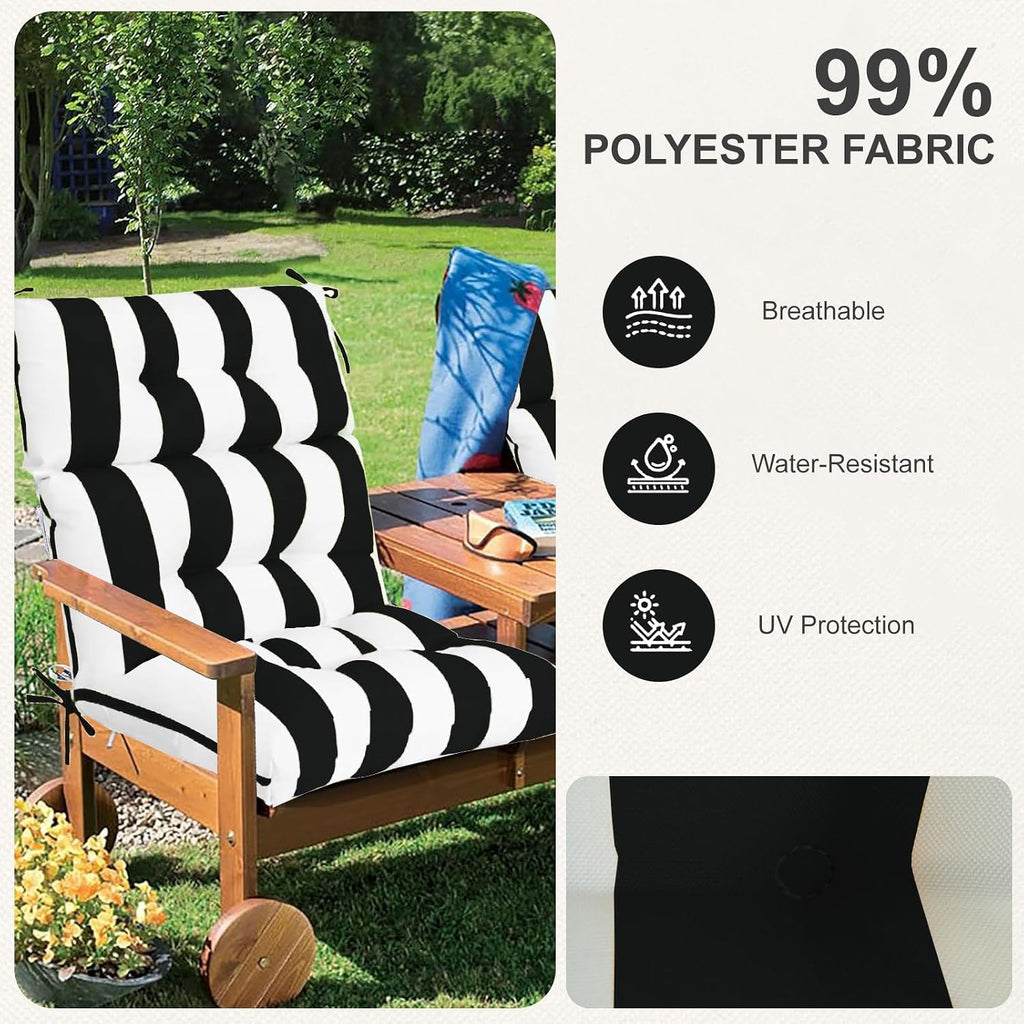 Outdoor High Back Chair Cushions 2-Pack, 44'x22'x 4' Fade-Resistant Waterproof Tufted Pads with Ties for Patio Rocking & Adirondack Chairs (Black White)