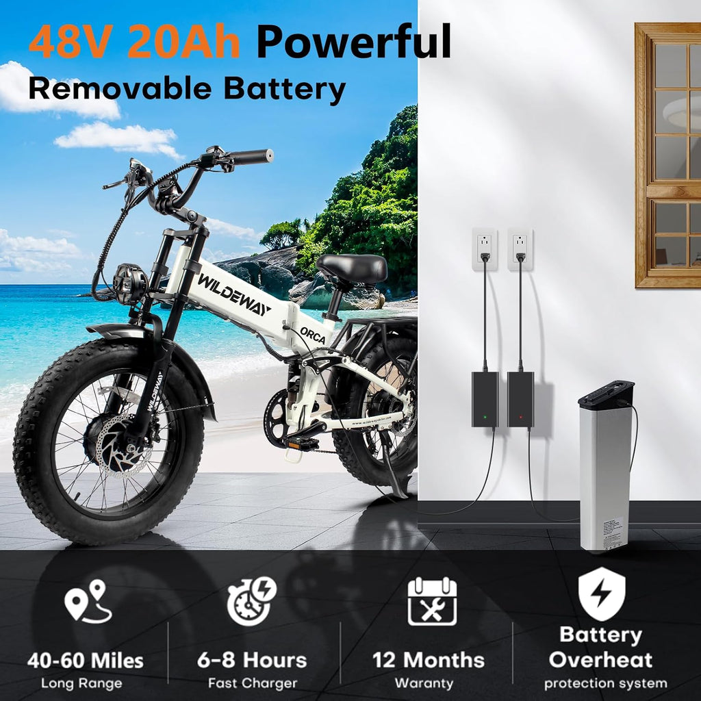 Wildeway Dual Motor 20' Fat Tire Electric Bike 2300W 20Ah Removable Battery 28 MPH Folding Ebike Off Road Mountain Full Suspension Long Range Foldable Electric Bicycle for Adults Men 2 Seat
