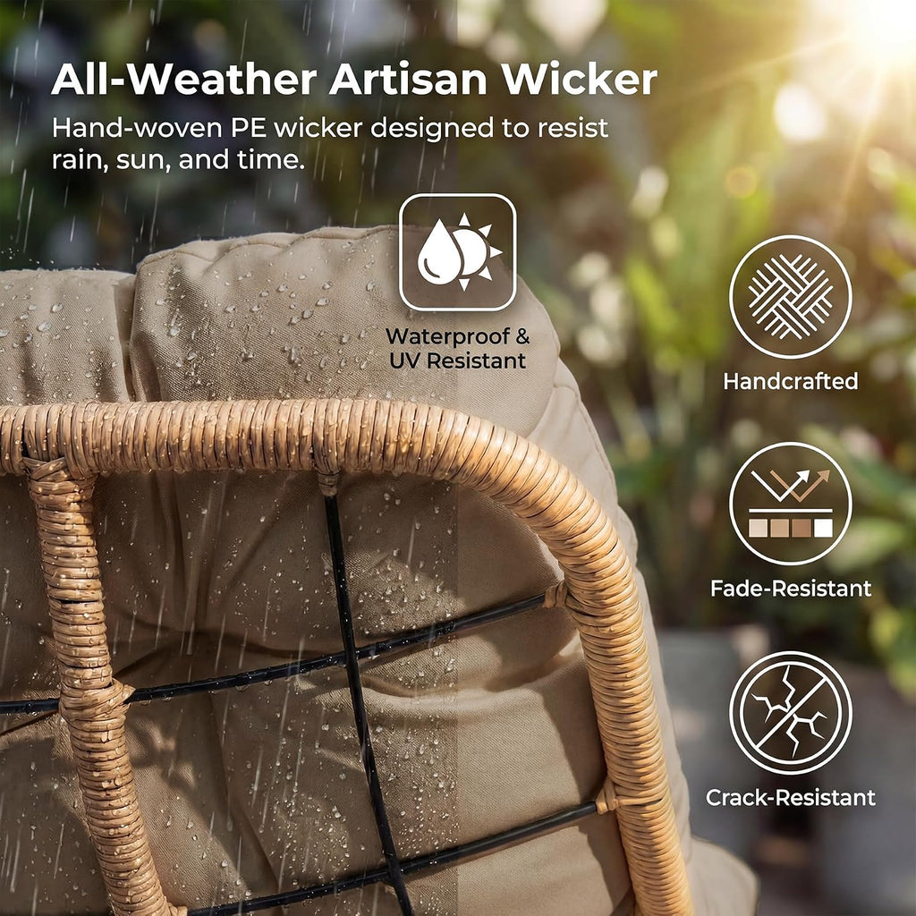 NICESOUL Patio Double Rocking Papasan Chair with Ottoman, Indoor Outdoor Padded Rocking Chair for 2 Person, Oversized Egg Loveseat Wide Rattan Cozy Royal Rocker for Lawn, Garden, Deck, Tan