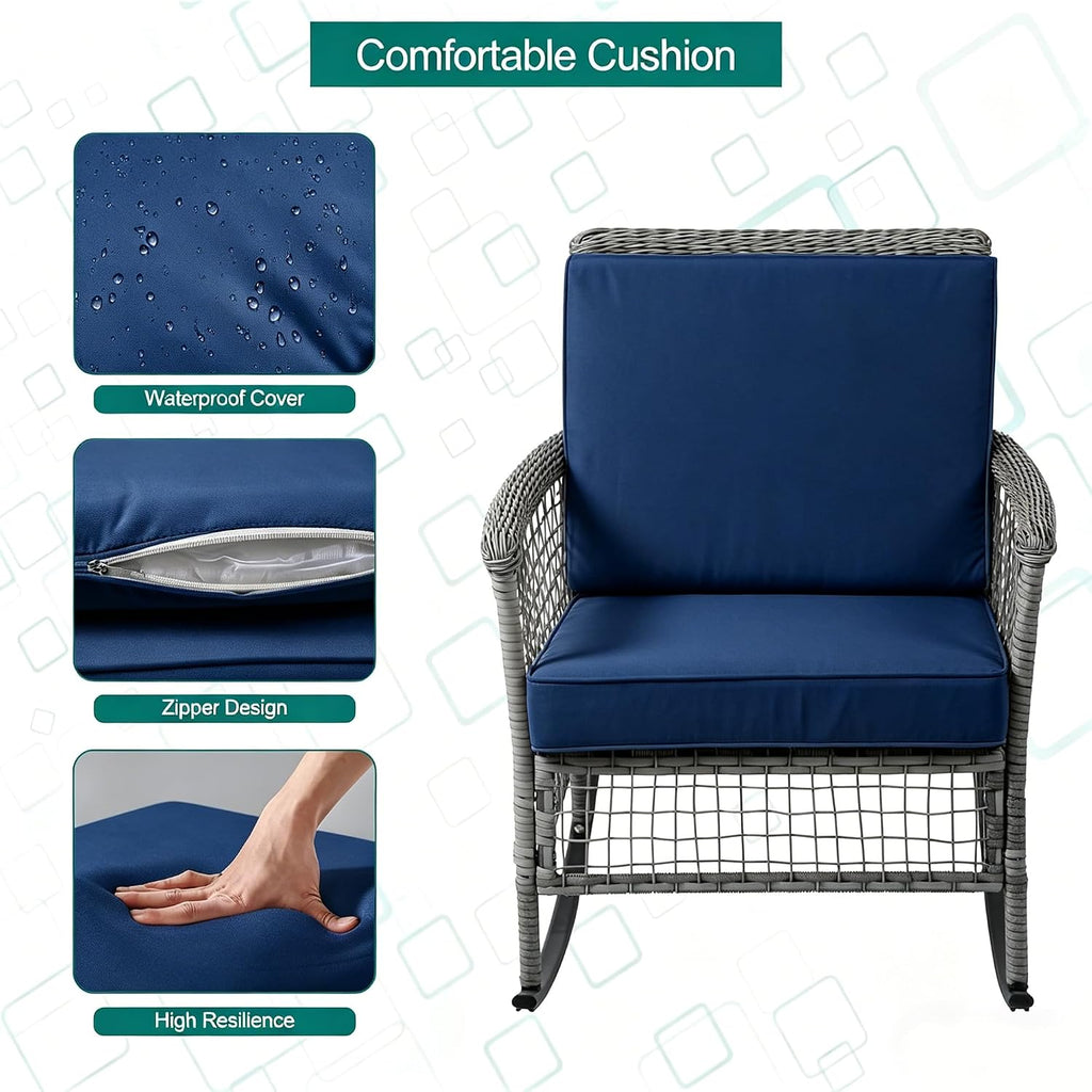 DECMICO 3-Piece Wicker Rocking Chair Set, Patio Bistro Furniture with Cushions & Side Table, Rattan Outdoor Conversation Bistro Set for Outdoor Use, Gray Rattan Navy Cushion