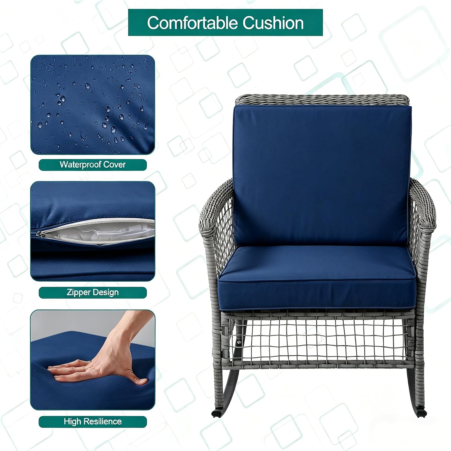 DECMICO 3-Piece Wicker Rocking Chair Set, Patio Bistro Furniture with Cushions & Side Table, Rattan Outdoor Conversation Bistro Set for Outdoor Use, Gray Rattan Navy Cushion