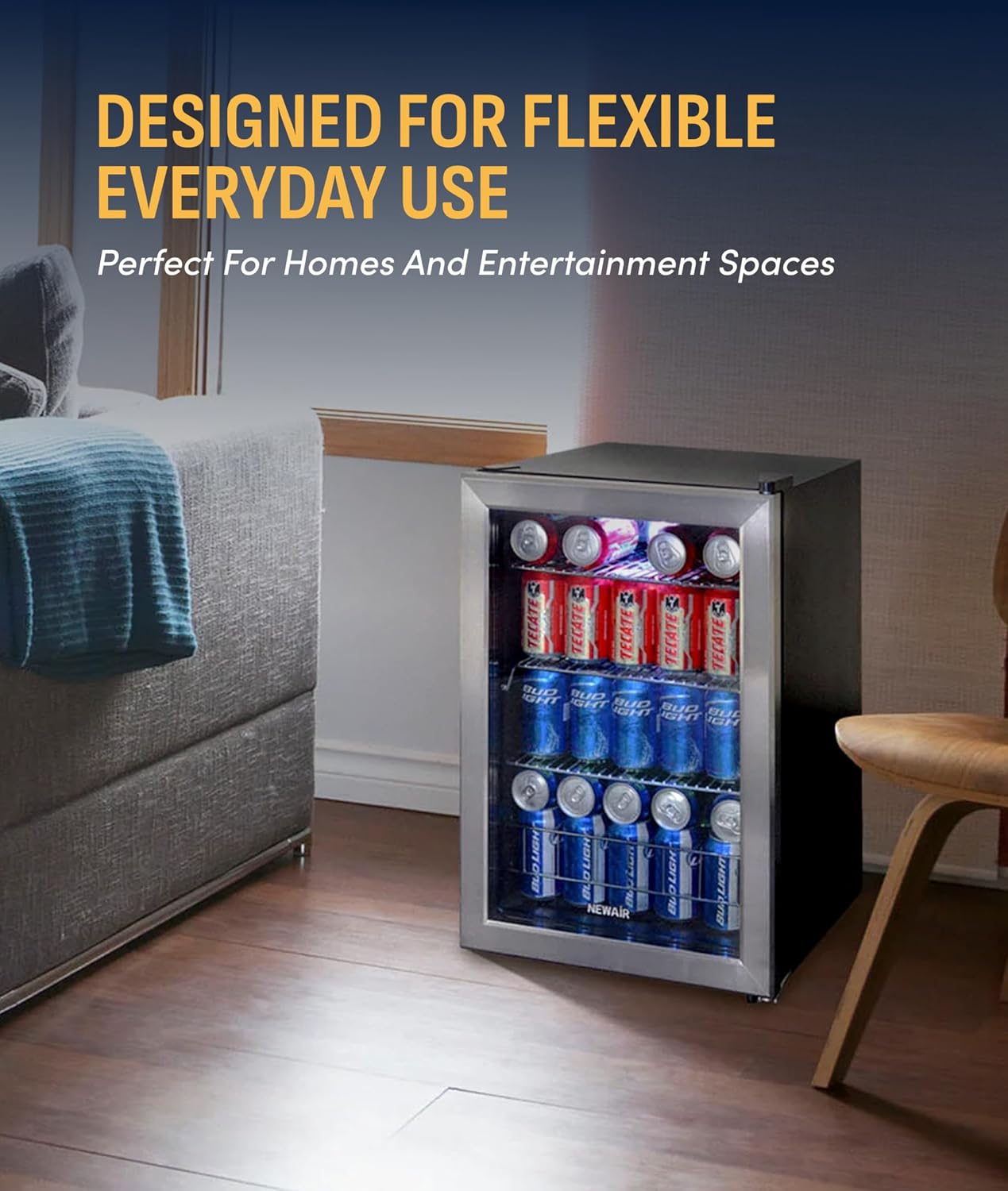 NewAir 90 Can Beverage Refrigerator | 17' Freestanding Small Mini Fridge for Bedroom, Home Bar or Office | Quiet Compressor Cooling & Adjustable Shelves | Stainless Steel