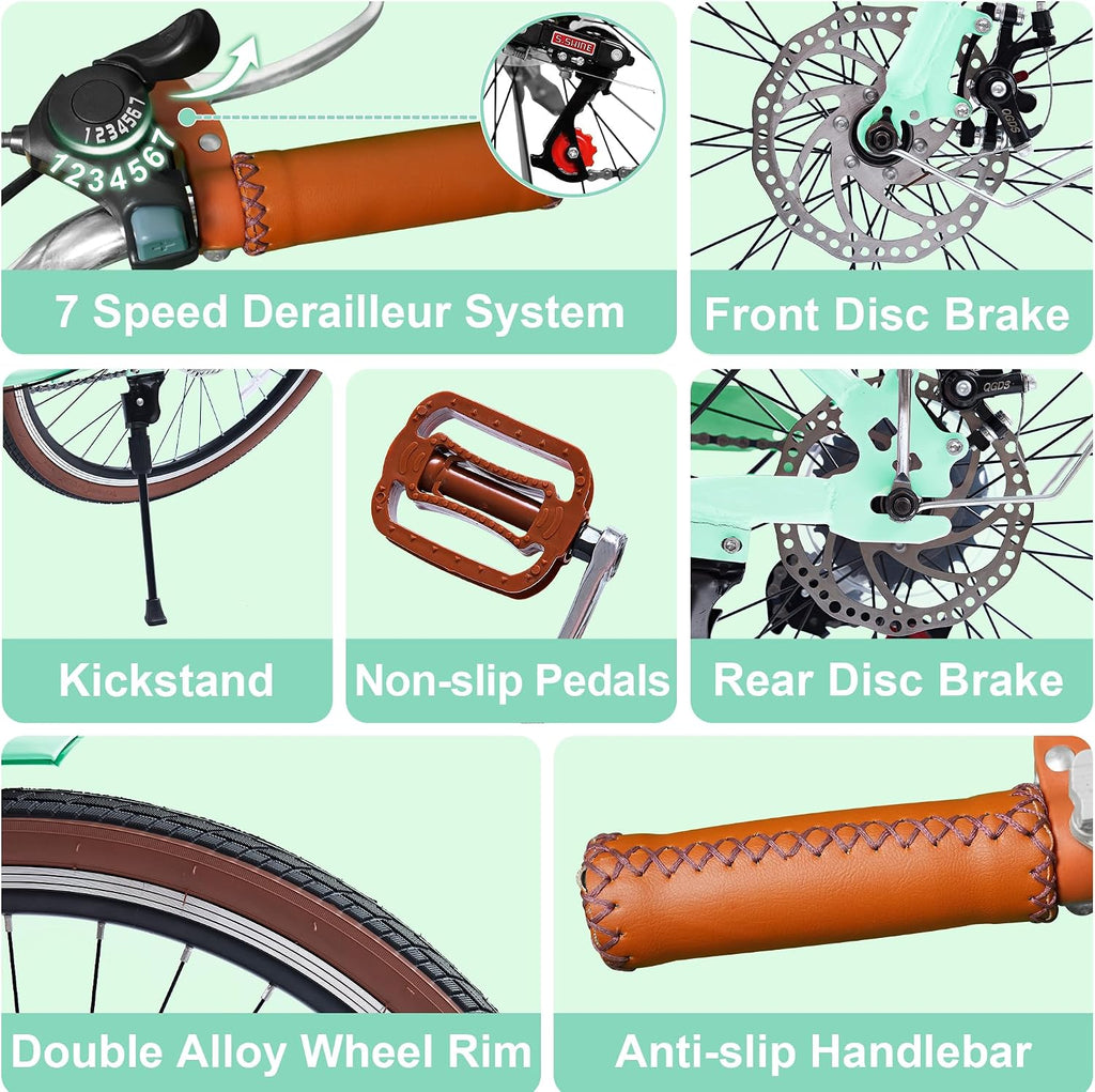 DEYGIA Beach Cruiser Bike for Women, 24 26 inch 7 Speed Commute Bike for Adults, Womens Bicycle with Ratten Basket and Adjustable Seat, Lightweight Step Through Bike for Adults Women Ladies