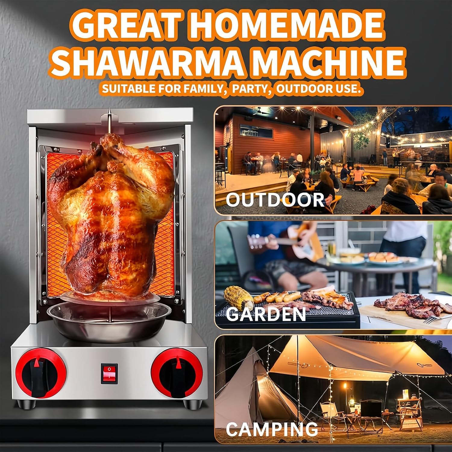 Shawarma Grill Machine LP Gas Gyro Grill Oven Vertical Broiler Rotating Doner Kebab Machine Countertop Rotisserie with 2 Burners for Home Kitchen Adjustable Tempereture Max.300℃,110V