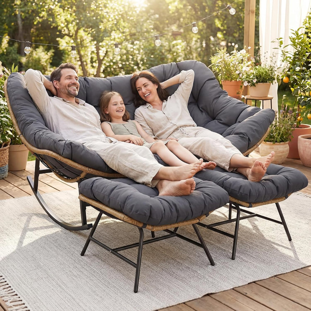 NICESOUL Oversized Double Rocking Papasan Chair with Cushion, 2 Person Big Wicker Outdoor Comfy Recliner, Large Heavy Duty 700 lbs Loveseat for Patio, Balcony, Backyard (Grey, 2 Seats w/Ottoman)