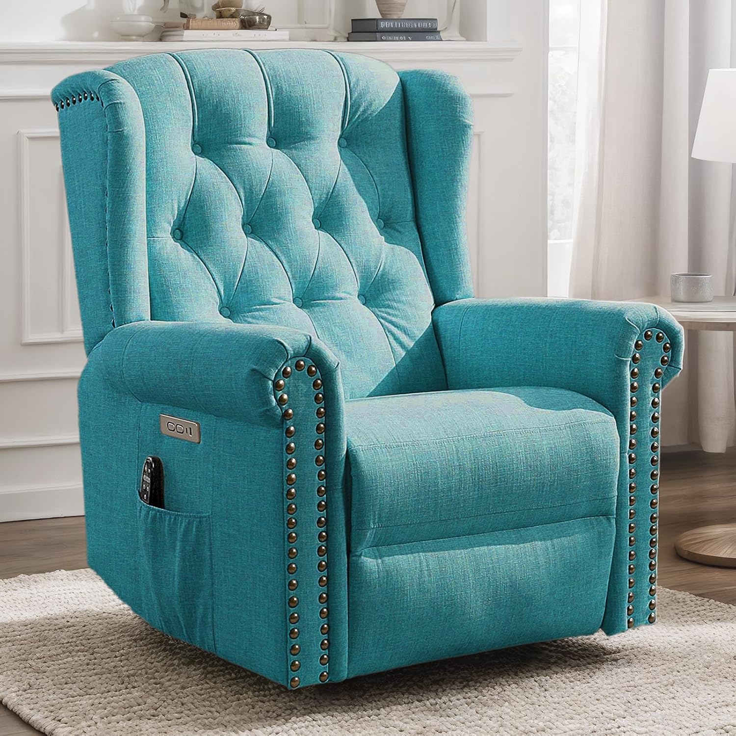 VIVIJASON Power Swivel Rocking Recliner Chair with Massage & Heat, Electric Rocker Glider Chair for Nursery, Wingback Tufted Upholstered Recliner W/Type-C & USB Ports for Living Room, Bedroom, Teal